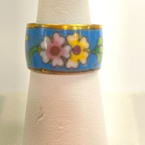Vintage Enameled Cloisonne Cigar Band Ring, Flowers, Size 6, Blue, Wide Band